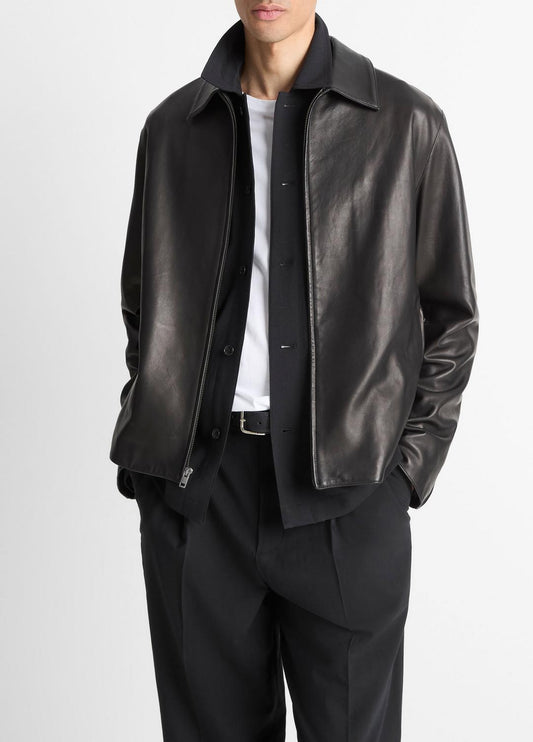 VINCE Men Leather Zip-Up Jacket in Leather Jackets BLACK