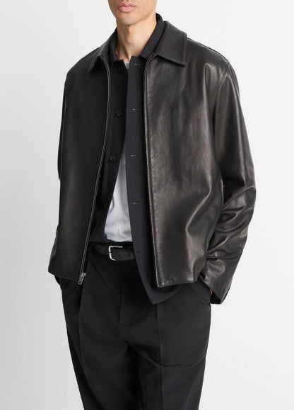 VINCE Men Leather Zip-Up Jacket in Leather Jackets BLACK