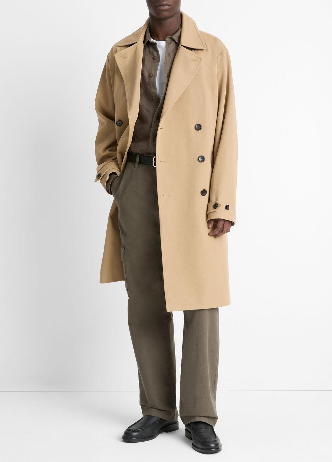 VINCE Men Italian Cotton Double-Breasted Trench Coat in Coats LIGHT BEACHWOOD