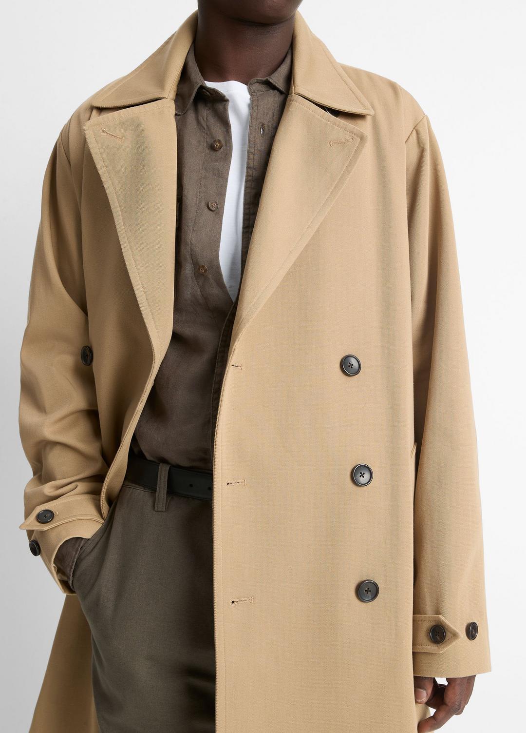 VINCE Men Italian Cotton Double-Breasted Trench Coat in Coats LIGHT BEACHWOOD