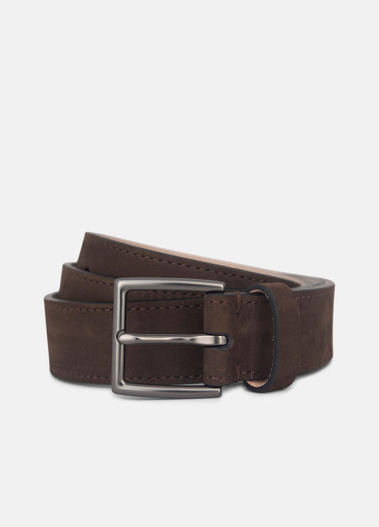 VINCE Men Men's 32mm Nubuck Leather Belt in Belts DARK ROAST/MATTE GUNMETAL