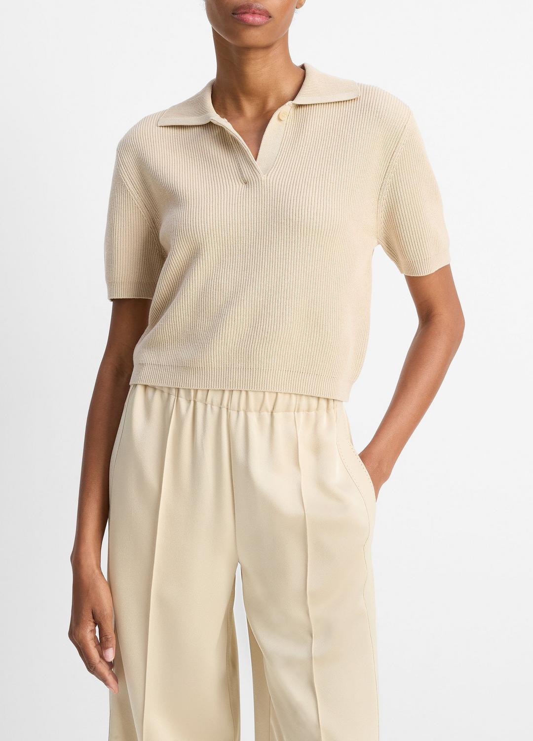 VINCE Sale Ribbed Silk-Cotton Polo Sweater in Sweaters PALE CANYON