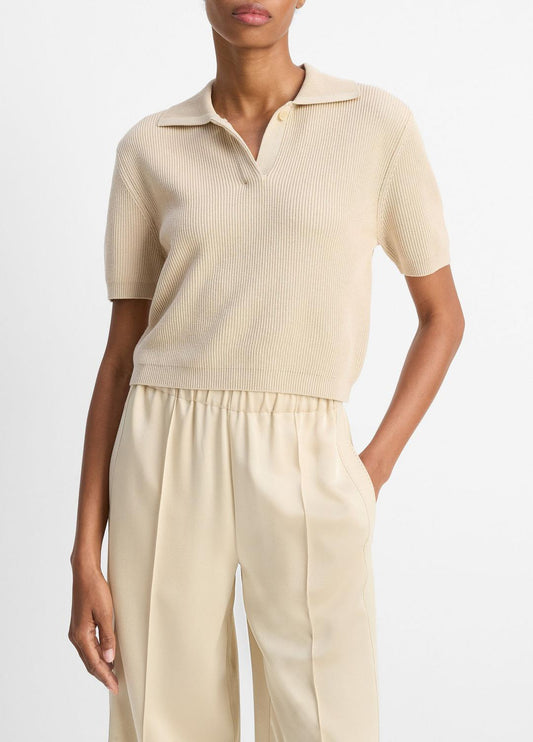 VINCE Sale Ribbed Silk-Cotton Polo Sweater in Sweaters PALE CANYON