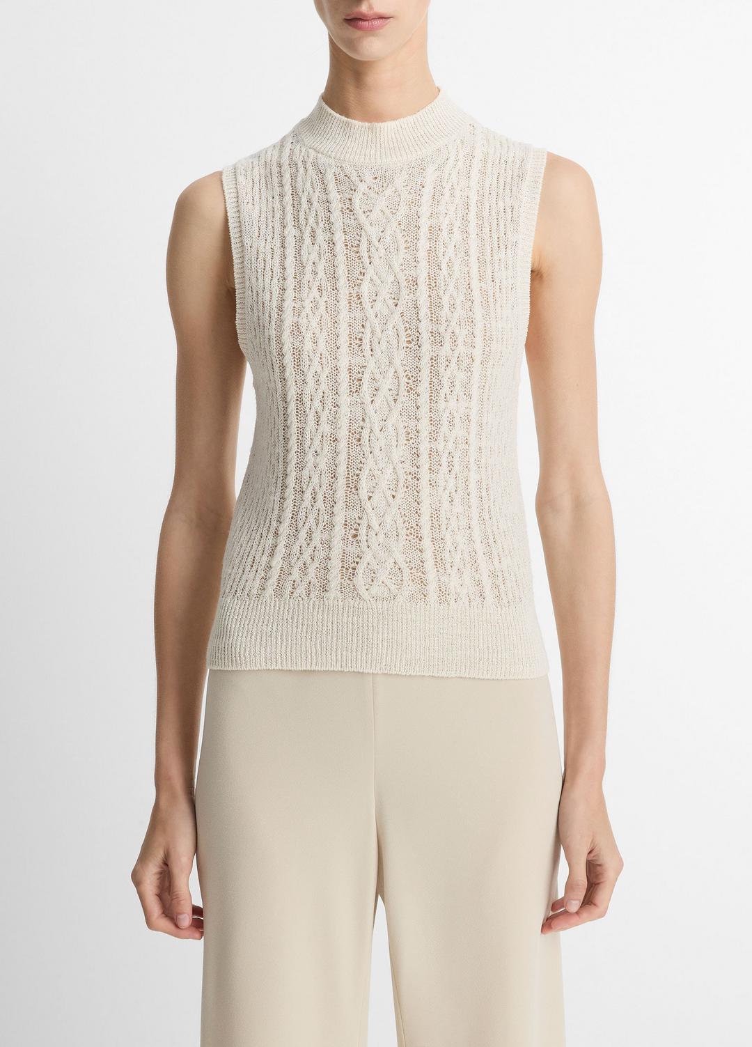 VINCE Sale Cable Cotton-Blend Double-Layer Shell in Sweaters OFF WHITE/GOLD CLIFF