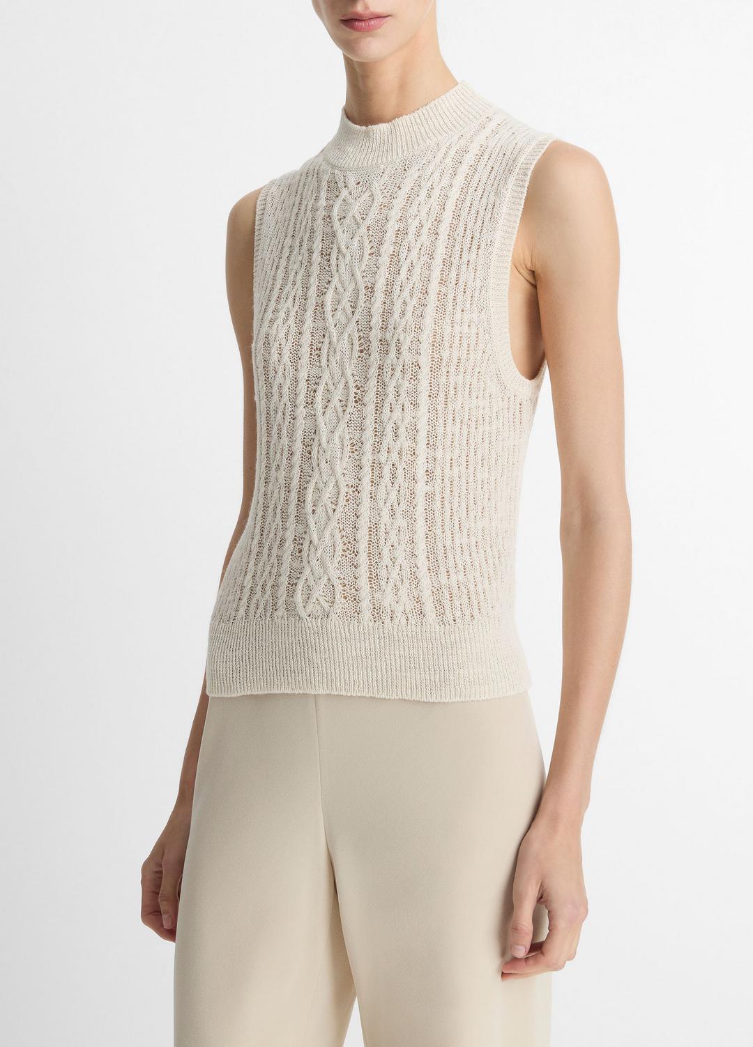 VINCE Sale Cable Cotton-Blend Double-Layer Shell in Sweaters OFF WHITE/GOLD CLIFF