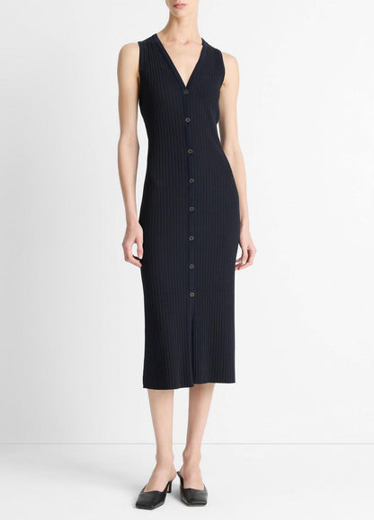 VINCE Sale Ribbed Cotton-Blend Button-Front Dress in Dresses & Skirts COASTAL BLUE