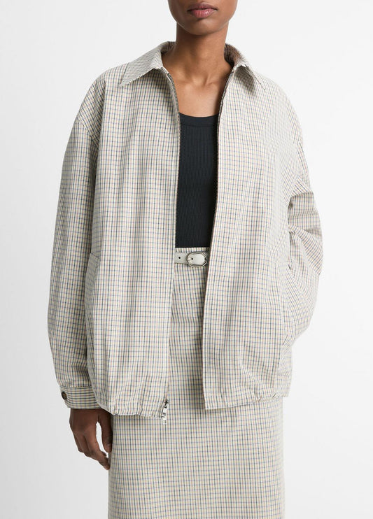 VINCE Sale Gardener's Check Cotton Oversized Bomber Jacket in Jackets & Outerwear STONE/TAN