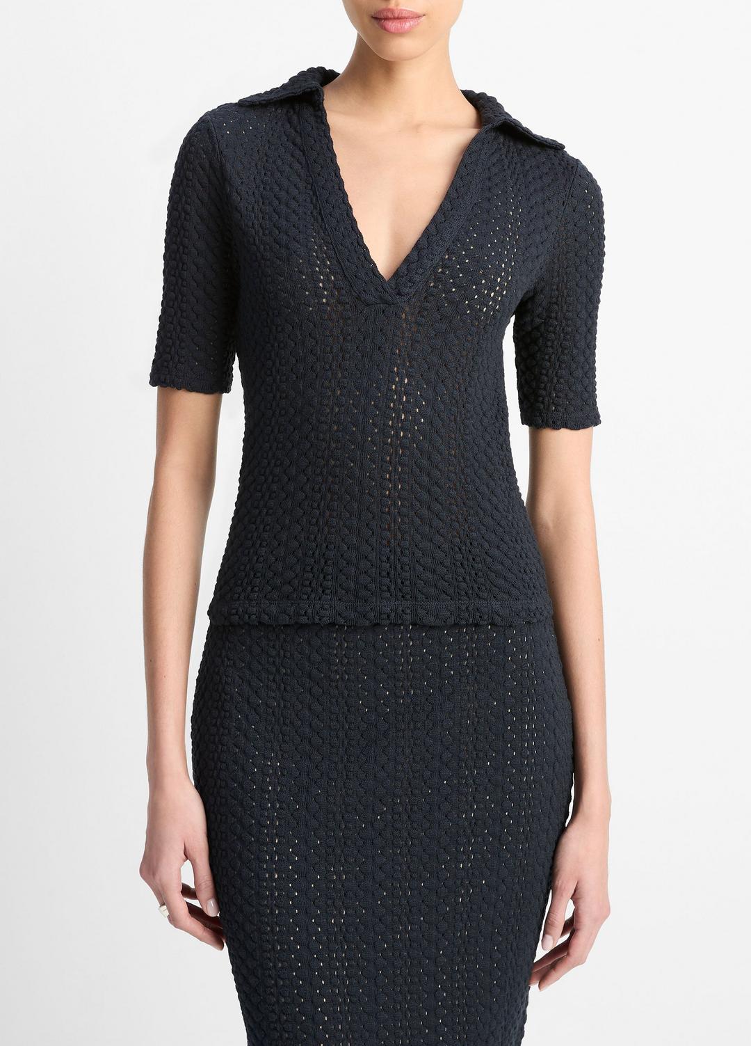 VINCE Sale Textural Cotton Elbow-Sleeve Polo Top in Shirts & Tees COASTAL BLUE