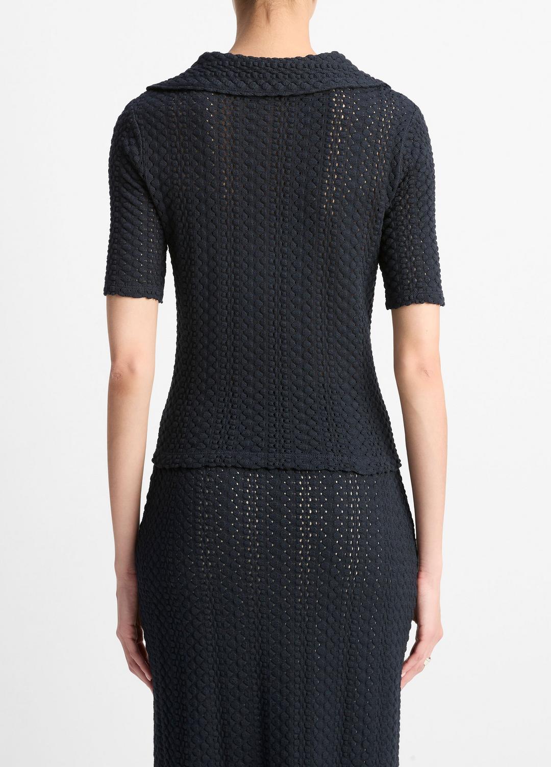 VINCE Sale Textural Cotton Elbow-Sleeve Polo Top in Shirts & Tees COASTAL BLUE