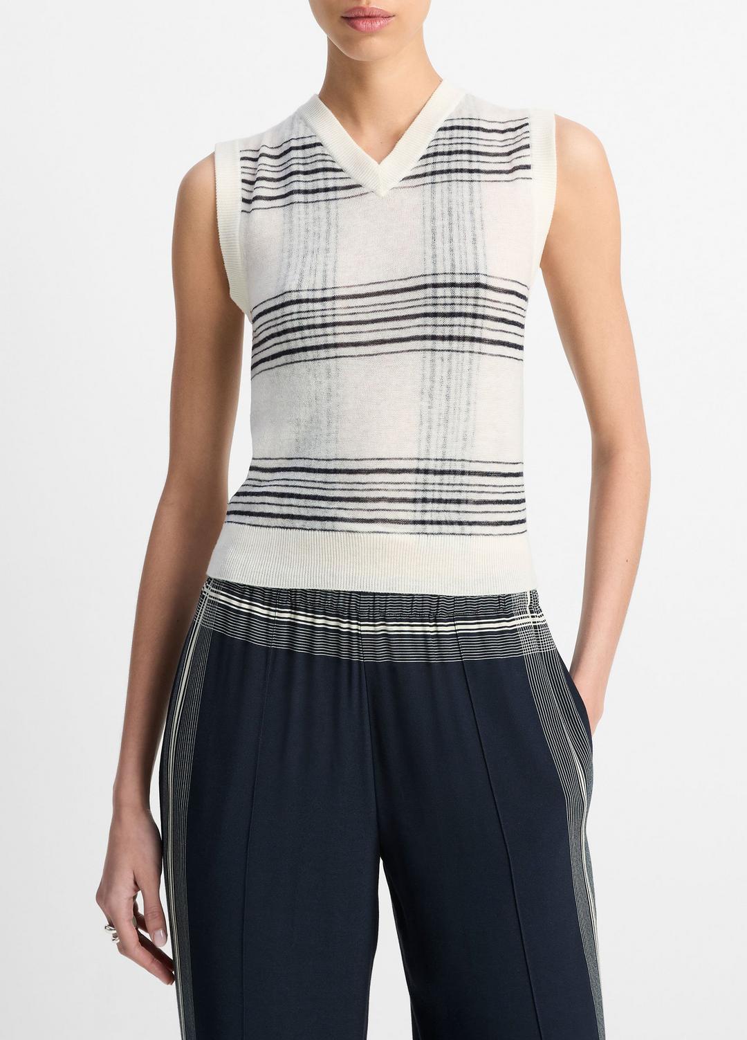 VINCE Sale Featherweight Plaid Wool Sweater Vest in Sweaters OFF WHITE/COASTAL BLUE