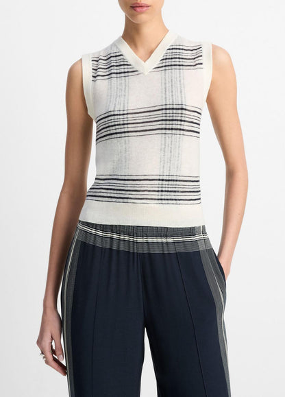 VINCE Sale Featherweight Plaid Wool Sweater Vest in Sweaters OFF WHITE/COASTAL BLUE