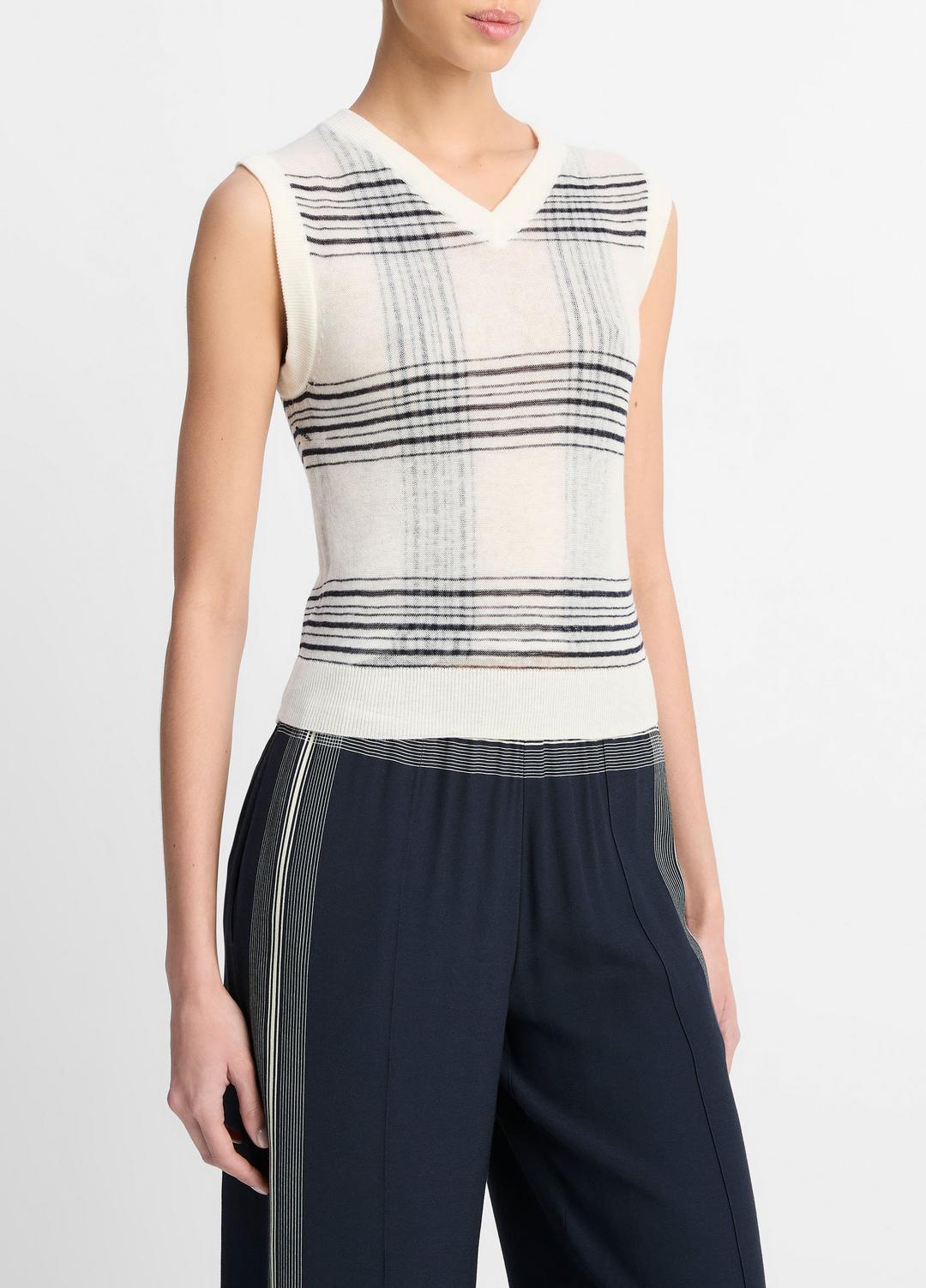 VINCE Sale Featherweight Plaid Wool Sweater Vest in Sweaters OFF WHITE/COASTAL BLUE