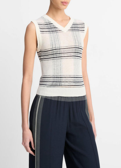 VINCE Sale Featherweight Plaid Wool Sweater Vest in Sweaters OFF WHITE/COASTAL BLUE