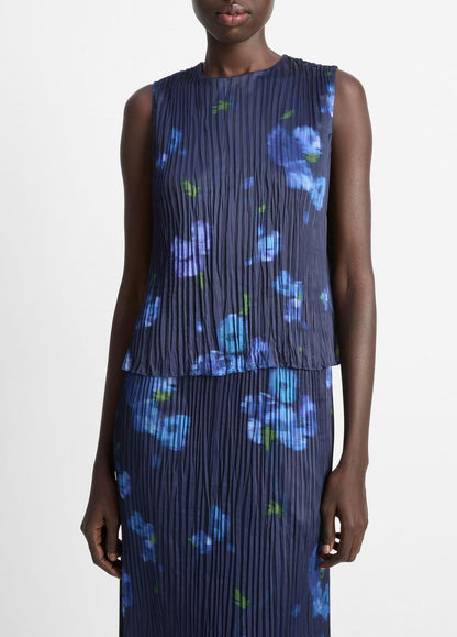 VINCE Sale Poppy Blur Crushed Satin Shell in Shirts & Tees MIDNIGHT