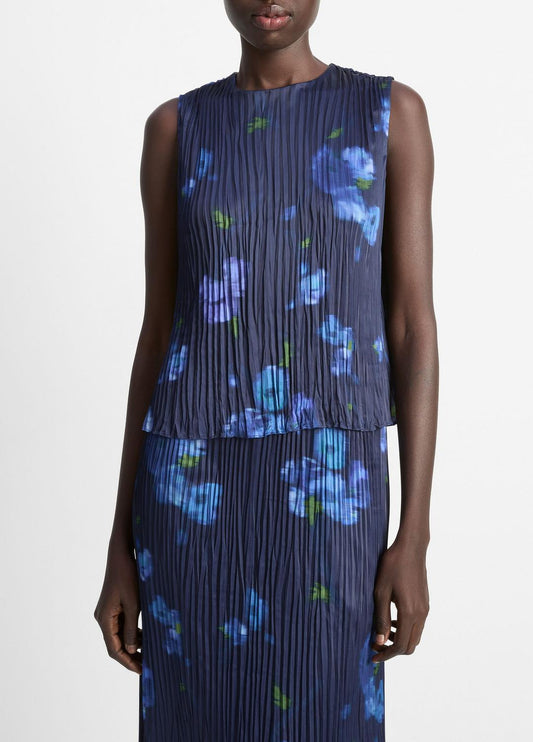 VINCE Sale Poppy Blur Crushed Satin Shell in Shirts & Tees MIDNIGHT
