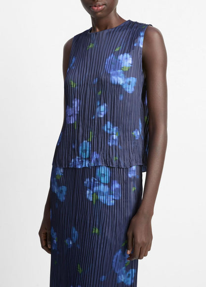 VINCE Sale Poppy Blur Crushed Satin Shell in Shirts & Tees MIDNIGHT