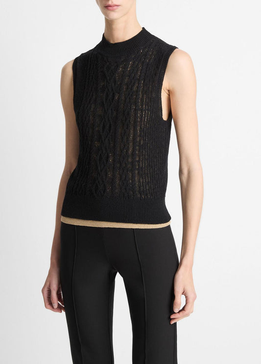 VINCE Sale Cable Cotton-Blend Double-Layer Shell in Sweaters BLACK/GOLD CLIFF