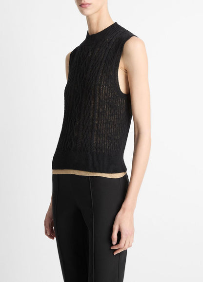 VINCE Sale Cable Cotton-Blend Double-Layer Shell in Sweaters BLACK/GOLD CLIFF