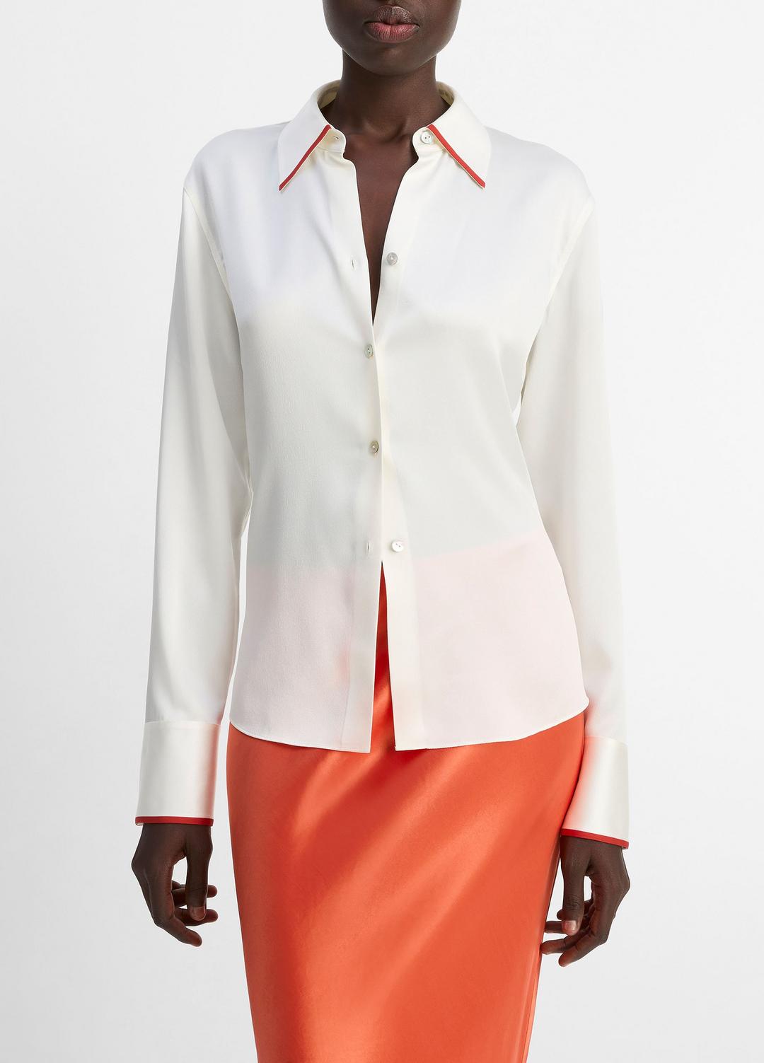 VINCE Sale Tipped Silk Button-Front Blouse in Shirts & Tees OFF WHITE/BRICK ROSE