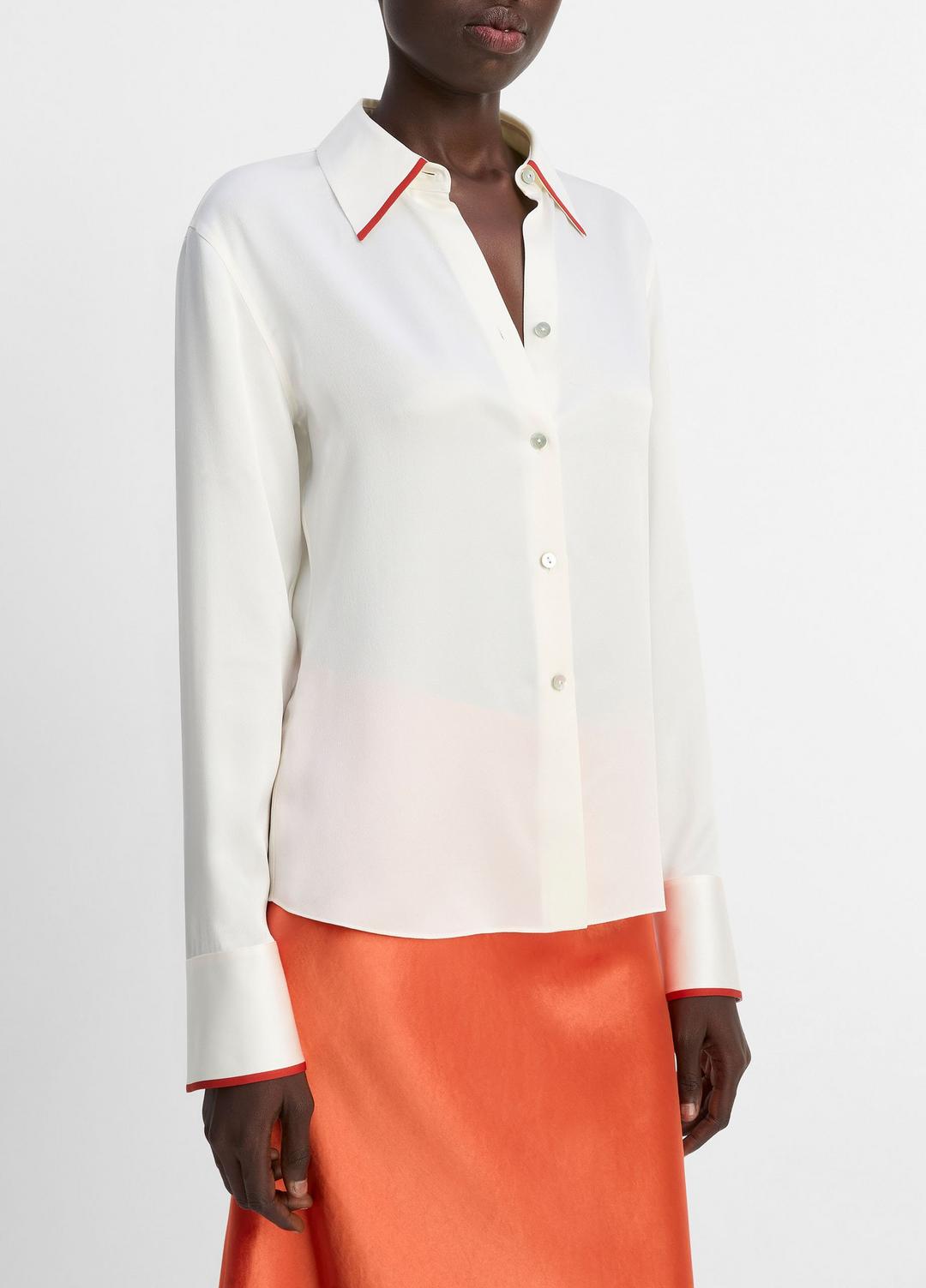 VINCE Sale Tipped Silk Button-Front Blouse in Shirts & Tees OFF WHITE/BRICK ROSE