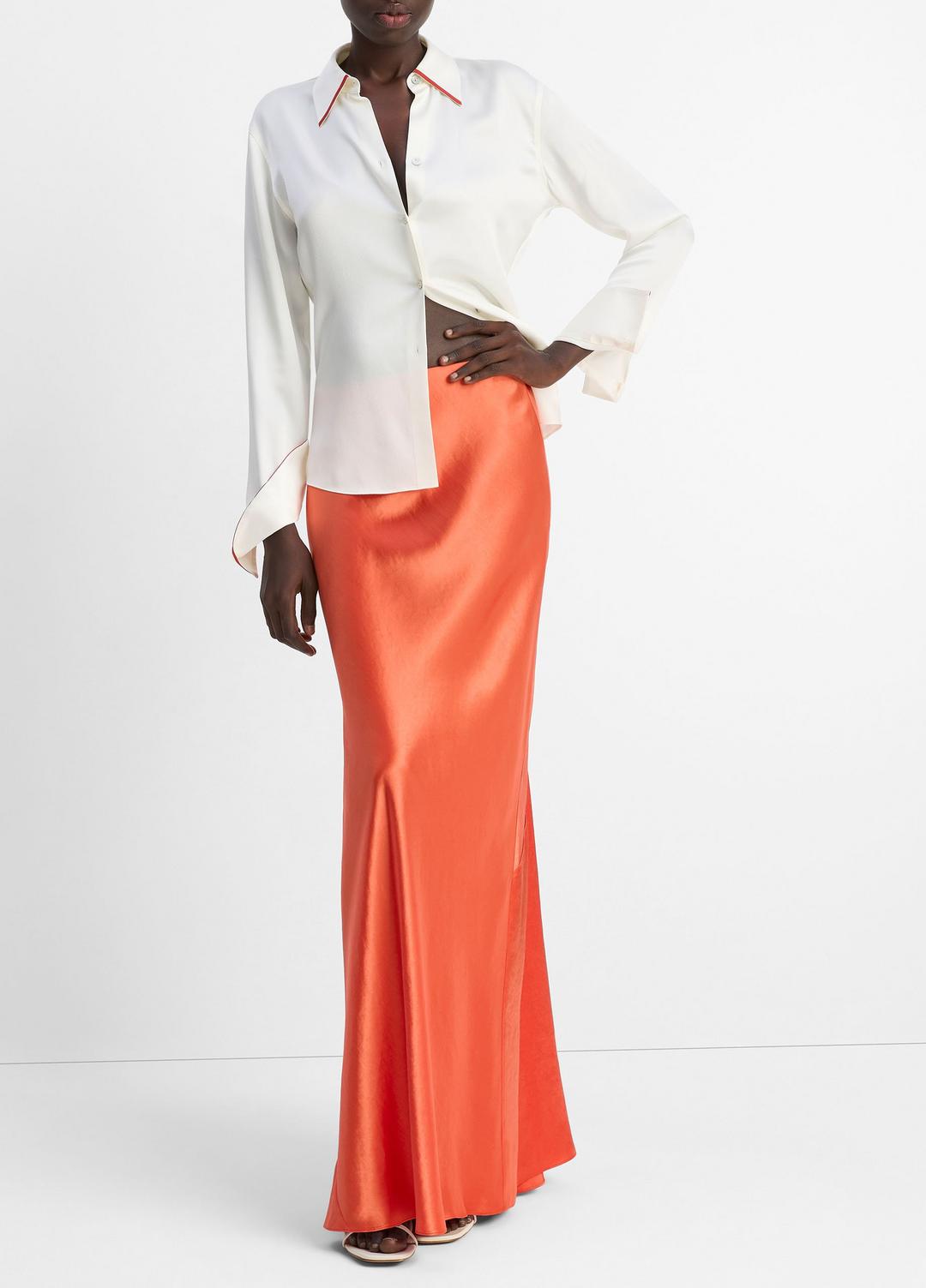 VINCE Sale Tipped Silk Button-Front Blouse in Shirts & Tees OFF WHITE/BRICK ROSE
