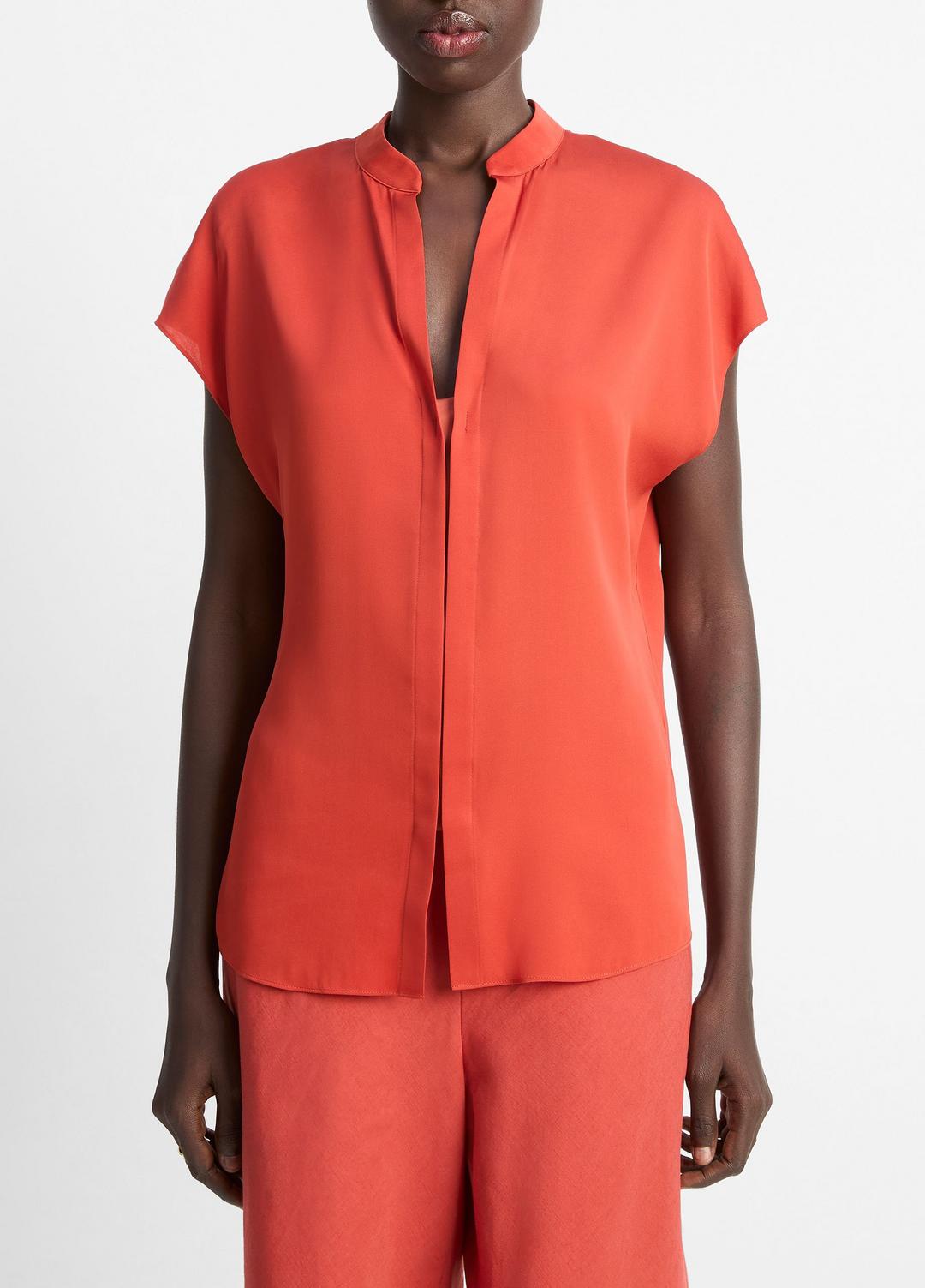 VINCE Sale Contrast-Placket Stretch-Silk Cap-Sleeve Blouse in Shirts & Tees BRICK ROSE/RED