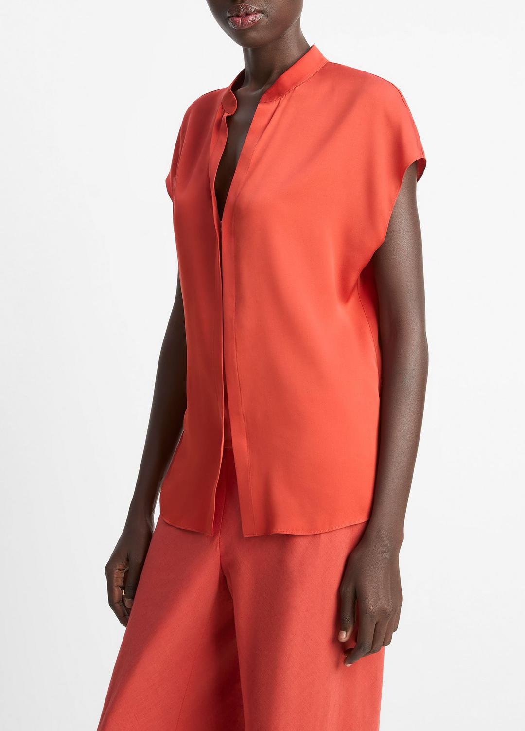 VINCE Sale Contrast-Placket Stretch-Silk Cap-Sleeve Blouse in Shirts & Tees BRICK ROSE/RED