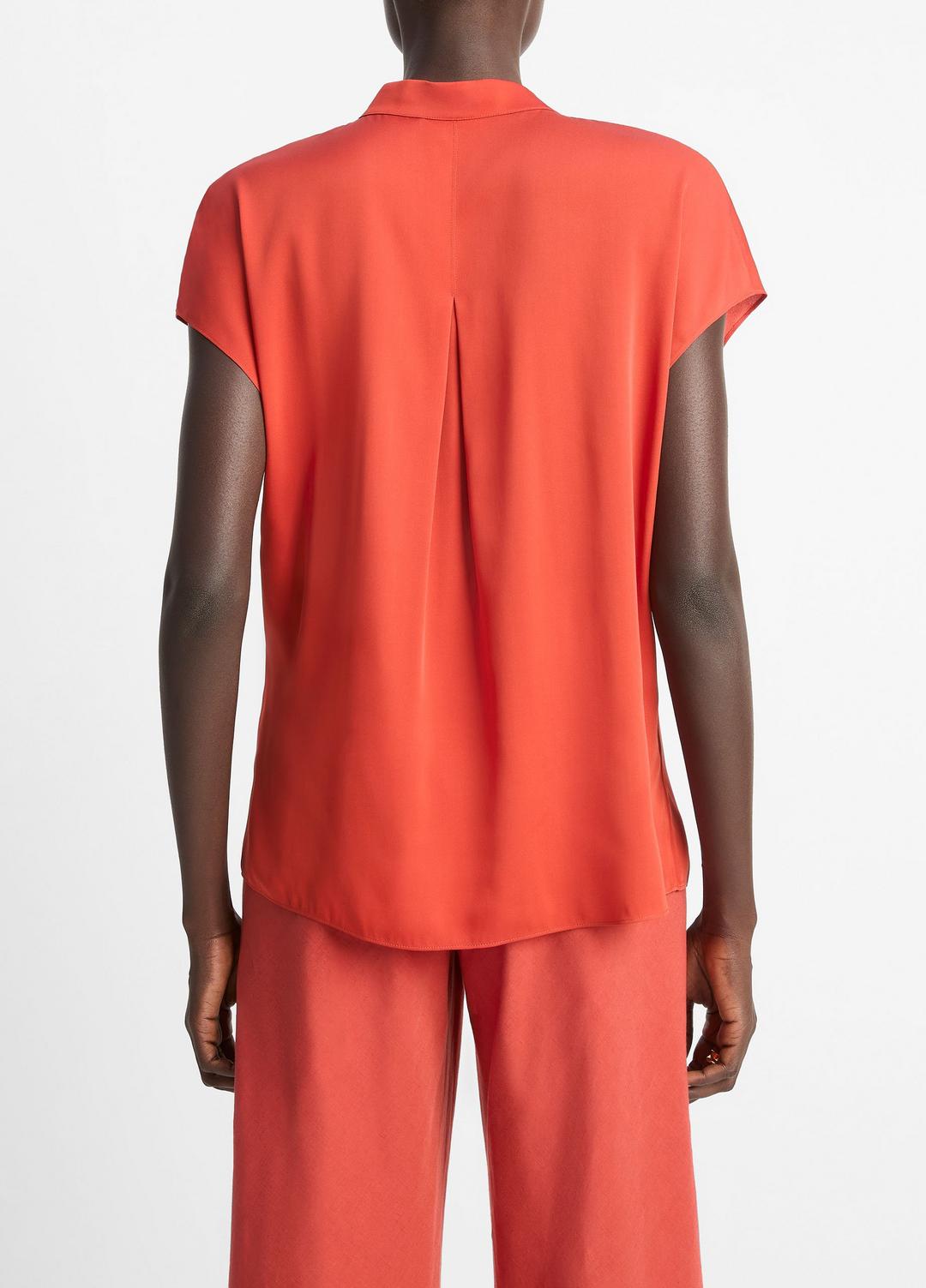 VINCE Sale Contrast-Placket Stretch-Silk Cap-Sleeve Blouse in Shirts & Tees BRICK ROSE/RED