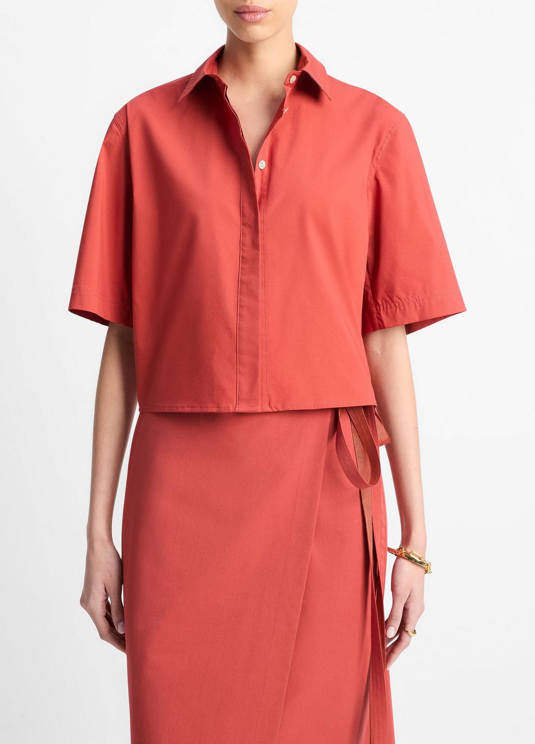 VINCE Sale Cotton Short-Sleeve Cropped Shirt in Shirts & Tees BRICK ROSE