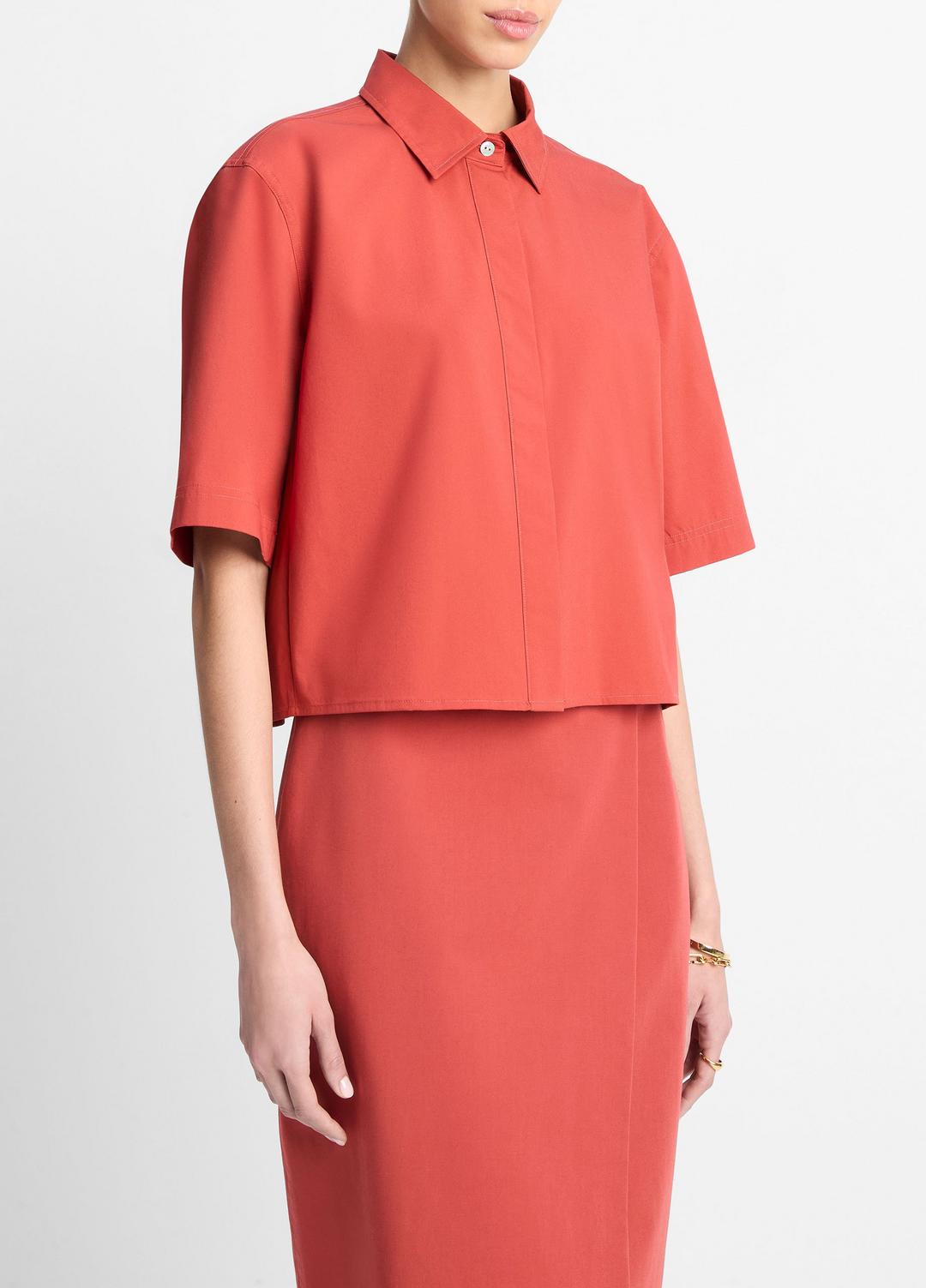 VINCE Sale Cotton Short-Sleeve Cropped Shirt in Shirts & Tees BRICK ROSE