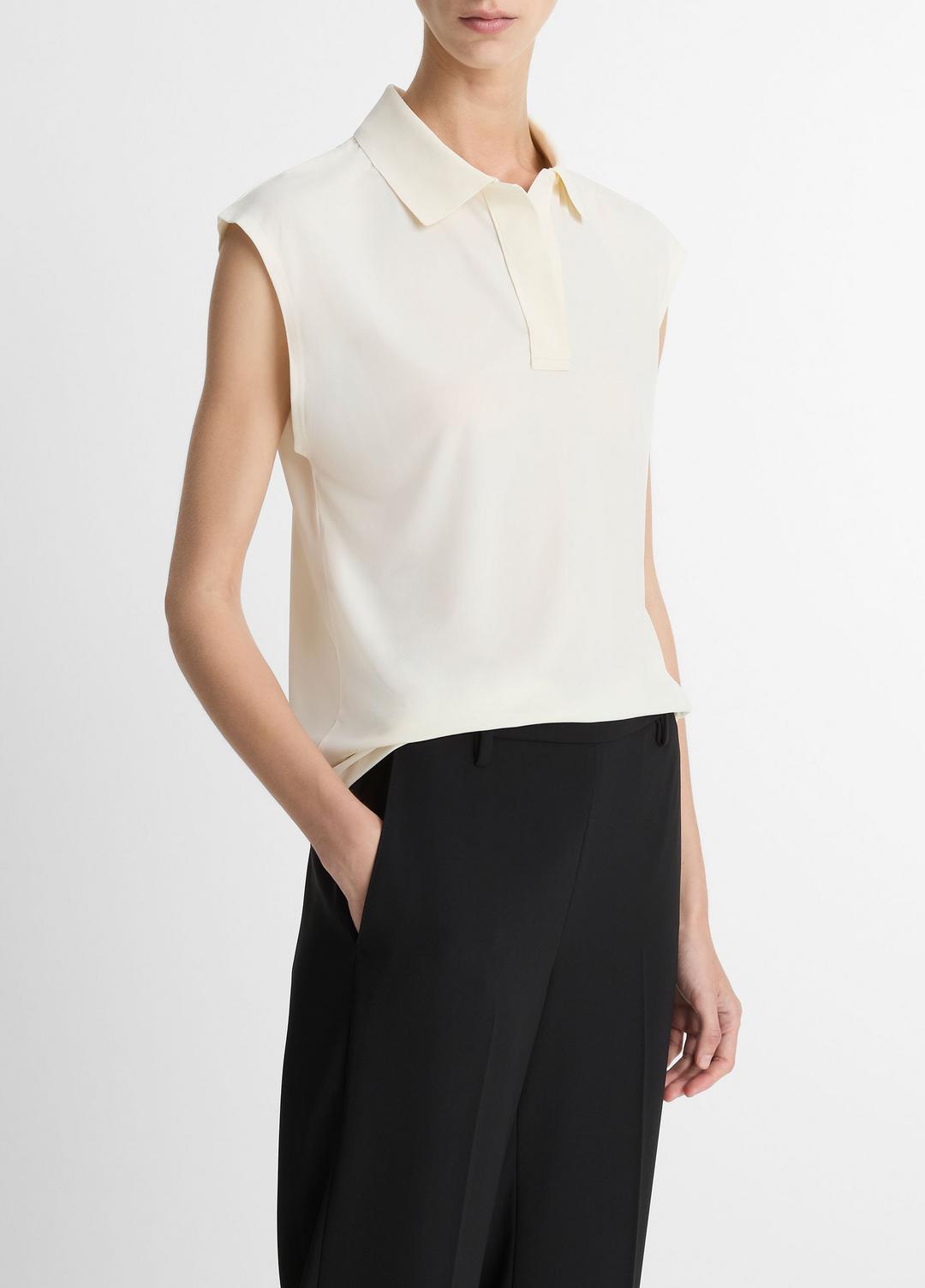 VINCE Sale Matte Jersey Cap-Sleeve Polo Top in Shirts & Tees IVORY
