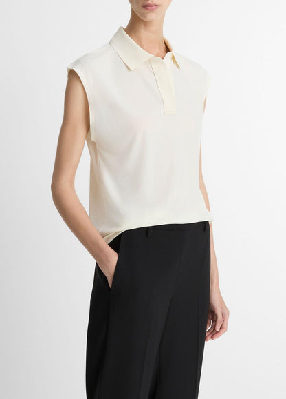 VINCE Sale Matte Jersey Cap-Sleeve Polo Top in Shirts & Tees IVORY