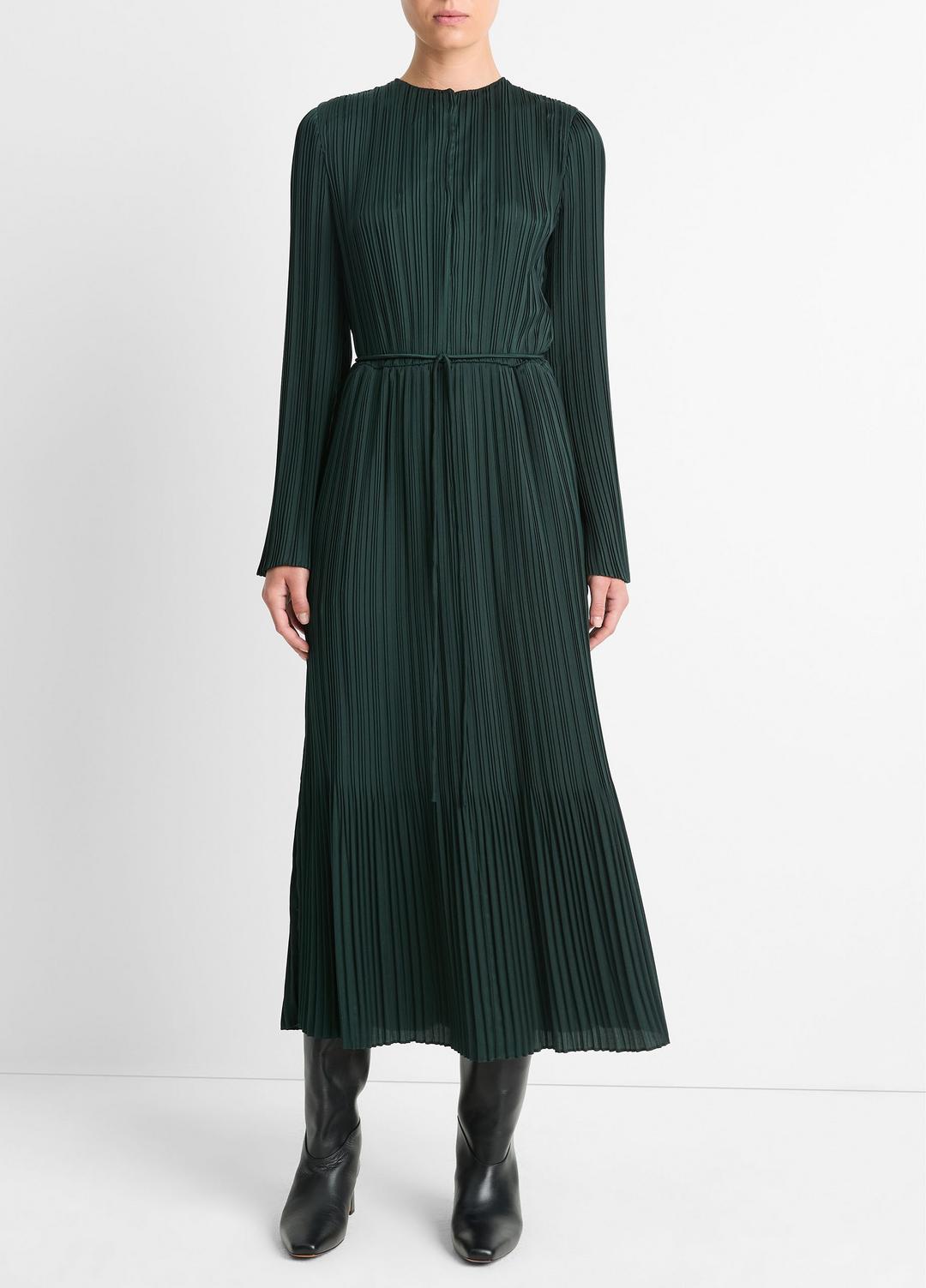 VINCE Sale Pleated Satin Long-Sleeve Dress in Dresses & Skirts MARINE PINE
