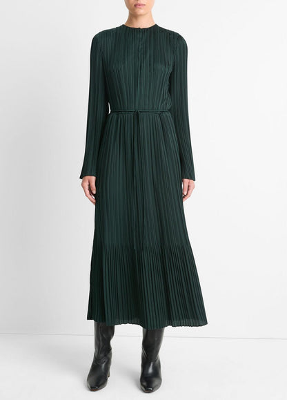 VINCE Sale Pleated Satin Long-Sleeve Dress in Dresses & Skirts MARINE PINE