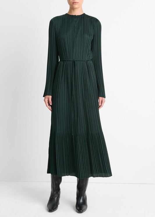 VINCE Sale Pleated Satin Long-Sleeve Dress in Dresses & Skirts MARINE PINE