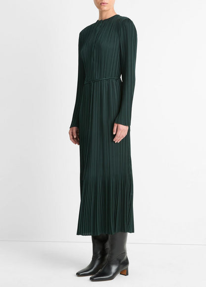 VINCE Sale Pleated Satin Long-Sleeve Dress in Dresses & Skirts MARINE PINE