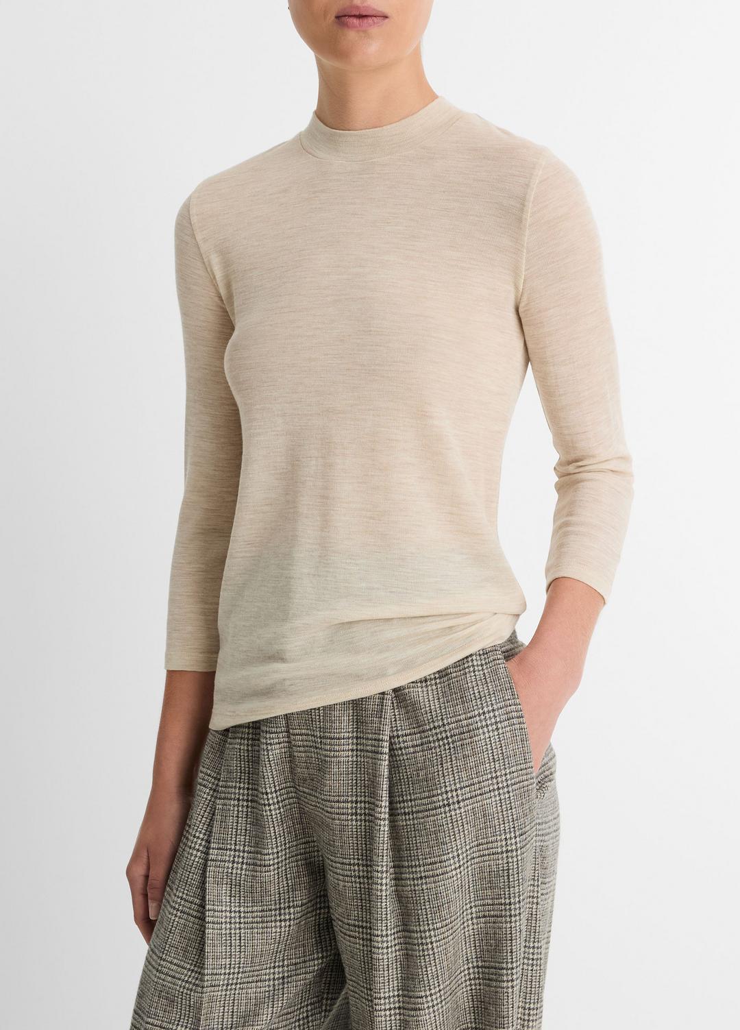 VINCE Sale Wool Three-Quarter-Sleeve Mock-Neck Top in Shirts & Tees LIGHT HEATHER ECRU