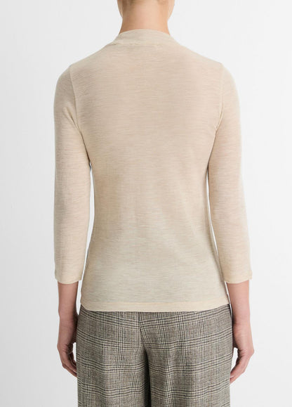 VINCE Sale Wool Three-Quarter-Sleeve Mock-Neck Top in Shirts & Tees LIGHT HEATHER ECRU