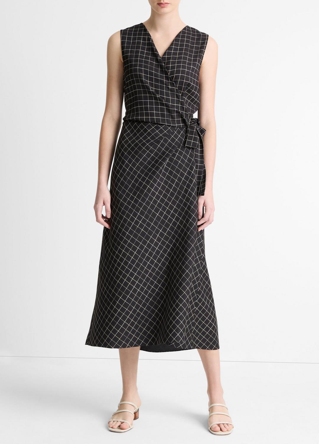 VINCE Sale Trellis Plaid Draped Sleeveless Wrap Dress in Dresses & Skirts BLACK/CREAM