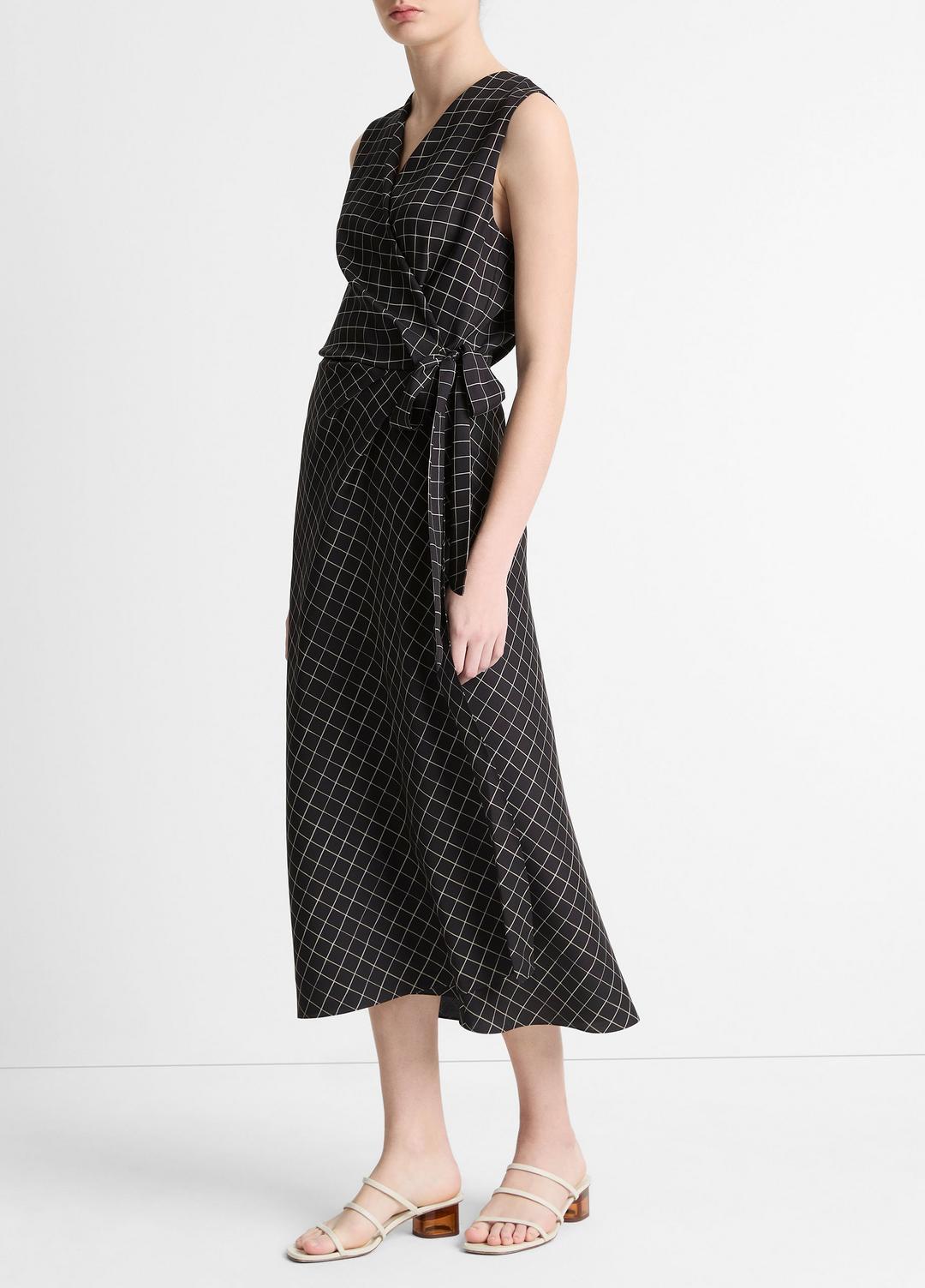 VINCE Sale Trellis Plaid Draped Sleeveless Wrap Dress in Dresses & Skirts BLACK/CREAM