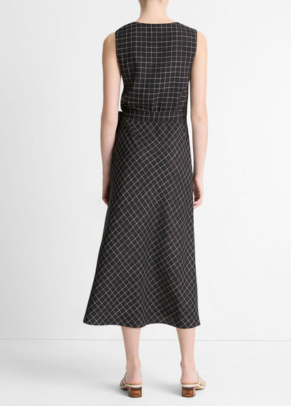 VINCE Sale Trellis Plaid Draped Sleeveless Wrap Dress in Dresses & Skirts BLACK/CREAM