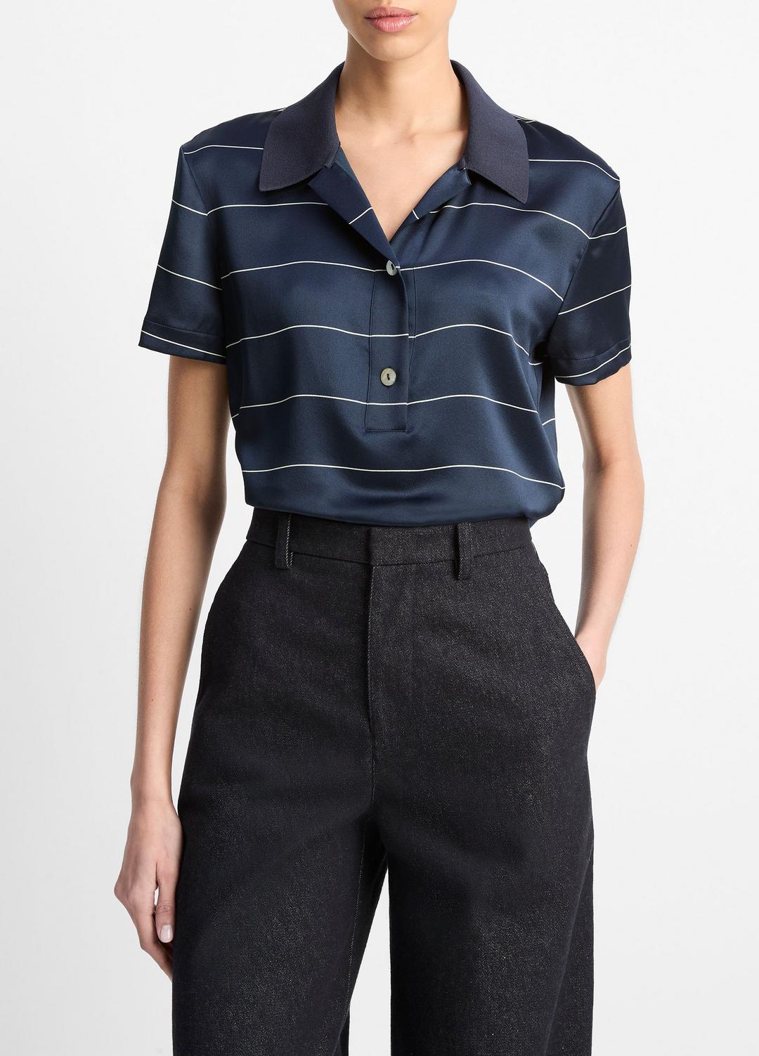 VINCE Sale Knit-Collar Striped Silk Polo Shirt in Shirts & Tees COASTAL BLUE/CREAM