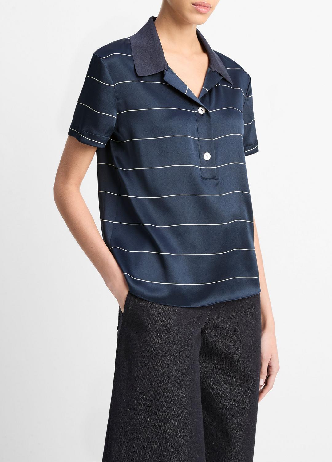 VINCE Sale Knit-Collar Striped Silk Polo Shirt in Shirts & Tees COASTAL BLUE/CREAM