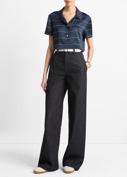 VINCE Sale Knit-Collar Striped Silk Polo Shirt in Shirts & Tees COASTAL BLUE/CREAM