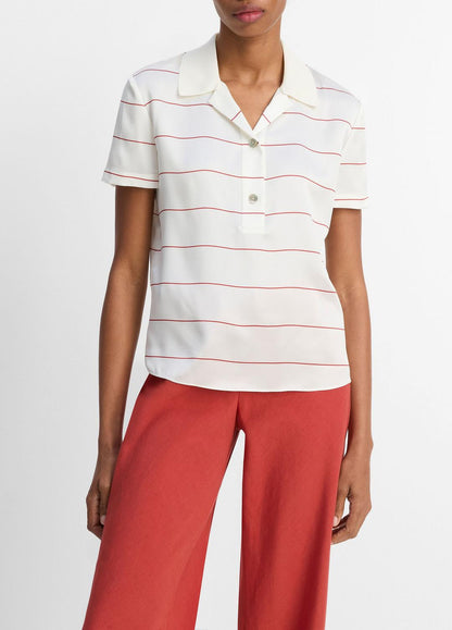 VINCE Sale Knit-Collar Striped Silk Polo Shirt in Shirts & Tees CREAM/BRICK ROSE