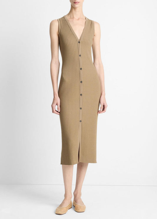 VINCE Sale Ribbed Cotton-Blend Button-Front Dress in Dresses & Skirts TAPENADE