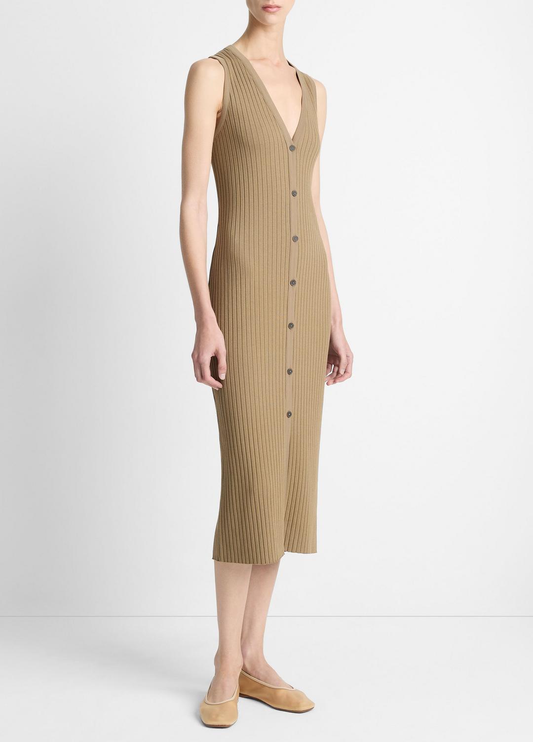 VINCE Sale Ribbed Cotton-Blend Button-Front Dress in Dresses & Skirts TAPENADE