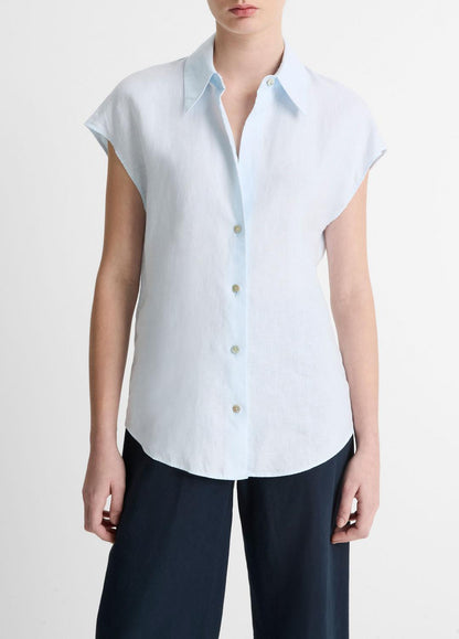 VINCE Sale Linen Cap-Sleeve Button-Front Blouse in Shirts & Tees SKY MIST