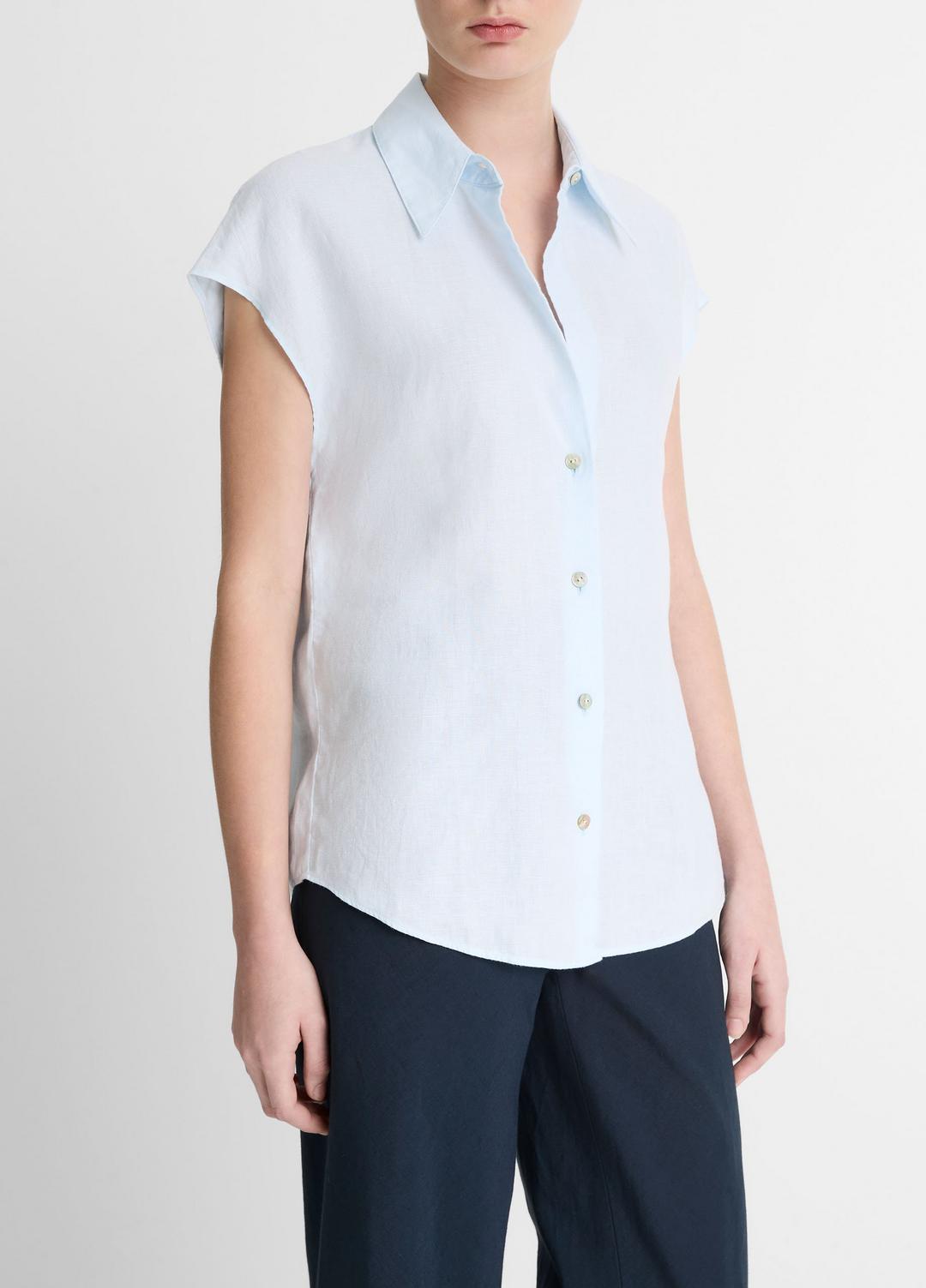 VINCE Sale Linen Cap-Sleeve Button-Front Blouse in Shirts & Tees SKY MIST