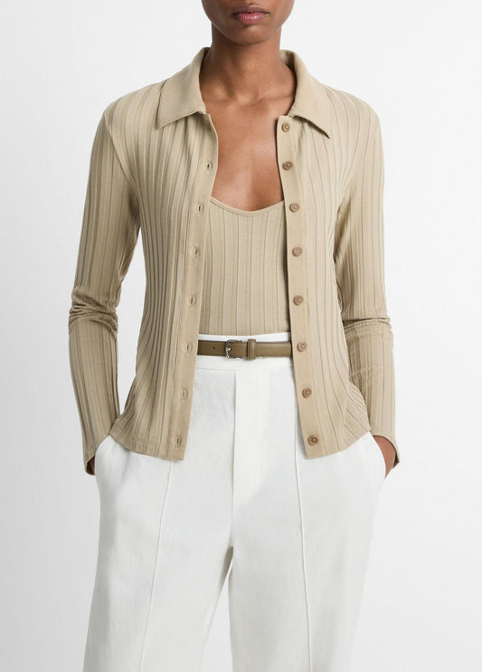 VINCE Sale Ribbed Collared Long-Sleeve Button-Front Top in Shirts & Tees MOJAVE